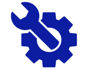 A blue wrench overlaying a gear, symbolizing tools or settings.