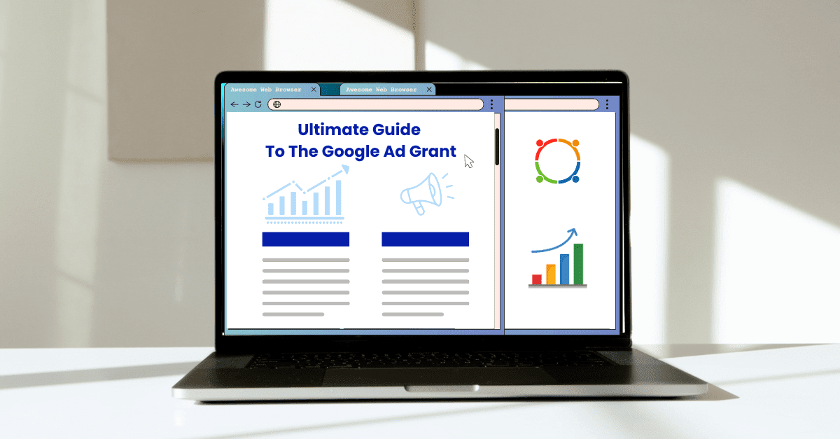 Open laptop displaying 'Ultimate Guide To The Google Ad Grant' with charts and icons on a white desk in sunlight.